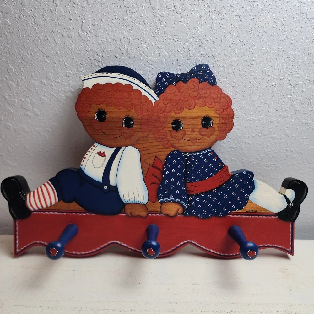 Vintage Wooden Raggedy Ann & Andy Wall Hanger Shelf Red Blue Hearts Rustic Decor